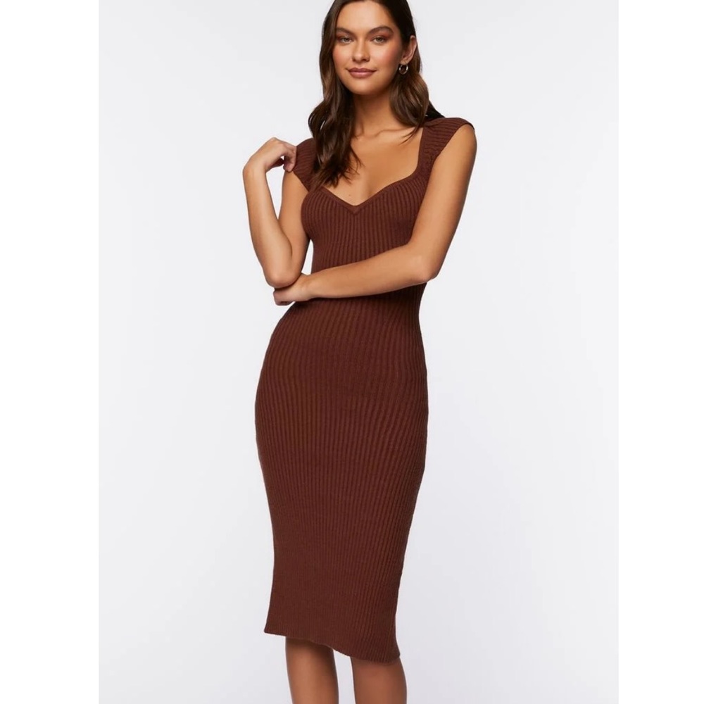 Chocolate Sweater-Knit Ribbed Midi Dress -Forever 21